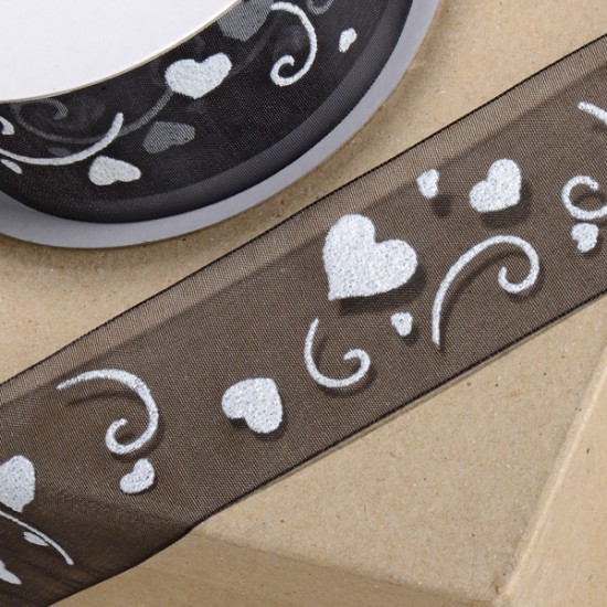 Bonzos Organza Ribbon Silver Hearts on Black