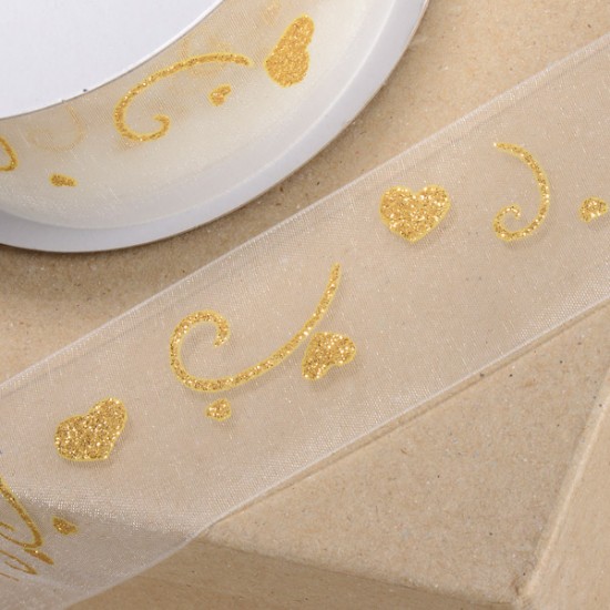 Bonzos Organza Ribbon Gold Hearts on Ivory