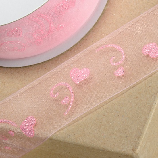 Bonzos Organza Ribbon Pink Hearts on Pink