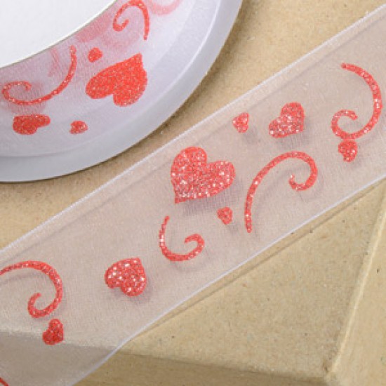 Bonzos Organza Ribbon Red Hearts on White