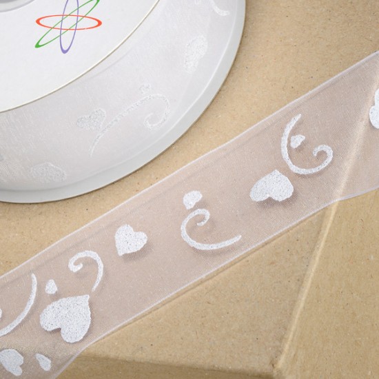 Bonzos Organza Ribbon Silver Hearts on White