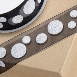 Organza Ribbon Silver Spots on Black Spool
