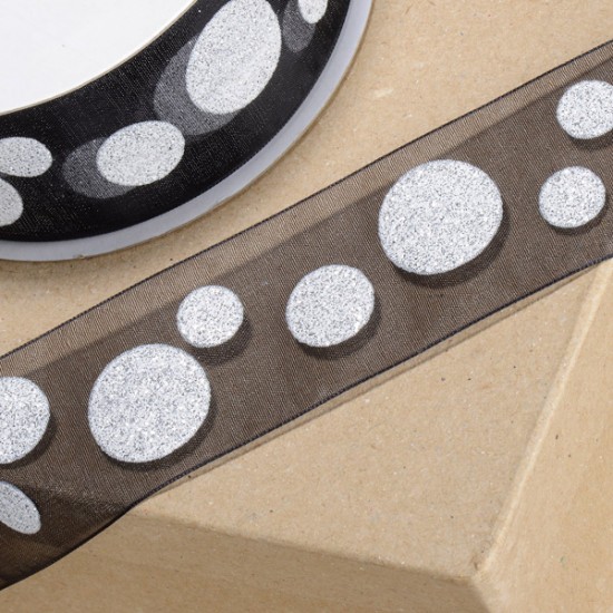 Bonzos Organza Ribbon Silver Spots on Black Spool