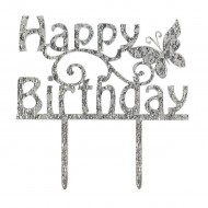 Acrylic Happy Birthday Topper Butterfly Silver