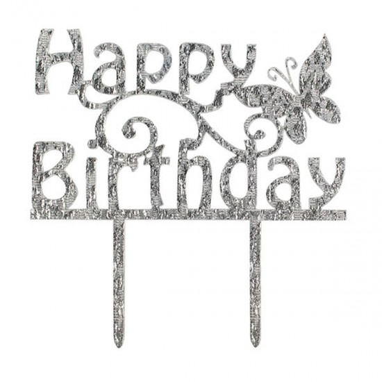 Cake Star Acrylic Happy Birthday Topper Butterfly Silver