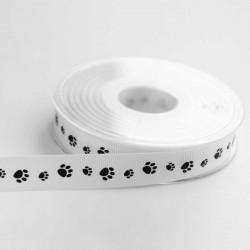 Ribbon 15mm White Paw Prints Black
