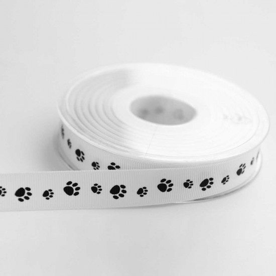 Jomil Ribbon 15mm White Paw Prints Black